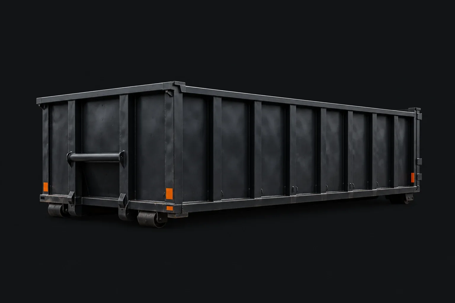 Illustrative charcoal roll-off container with lower side walls, shown at a three-quarter angle.