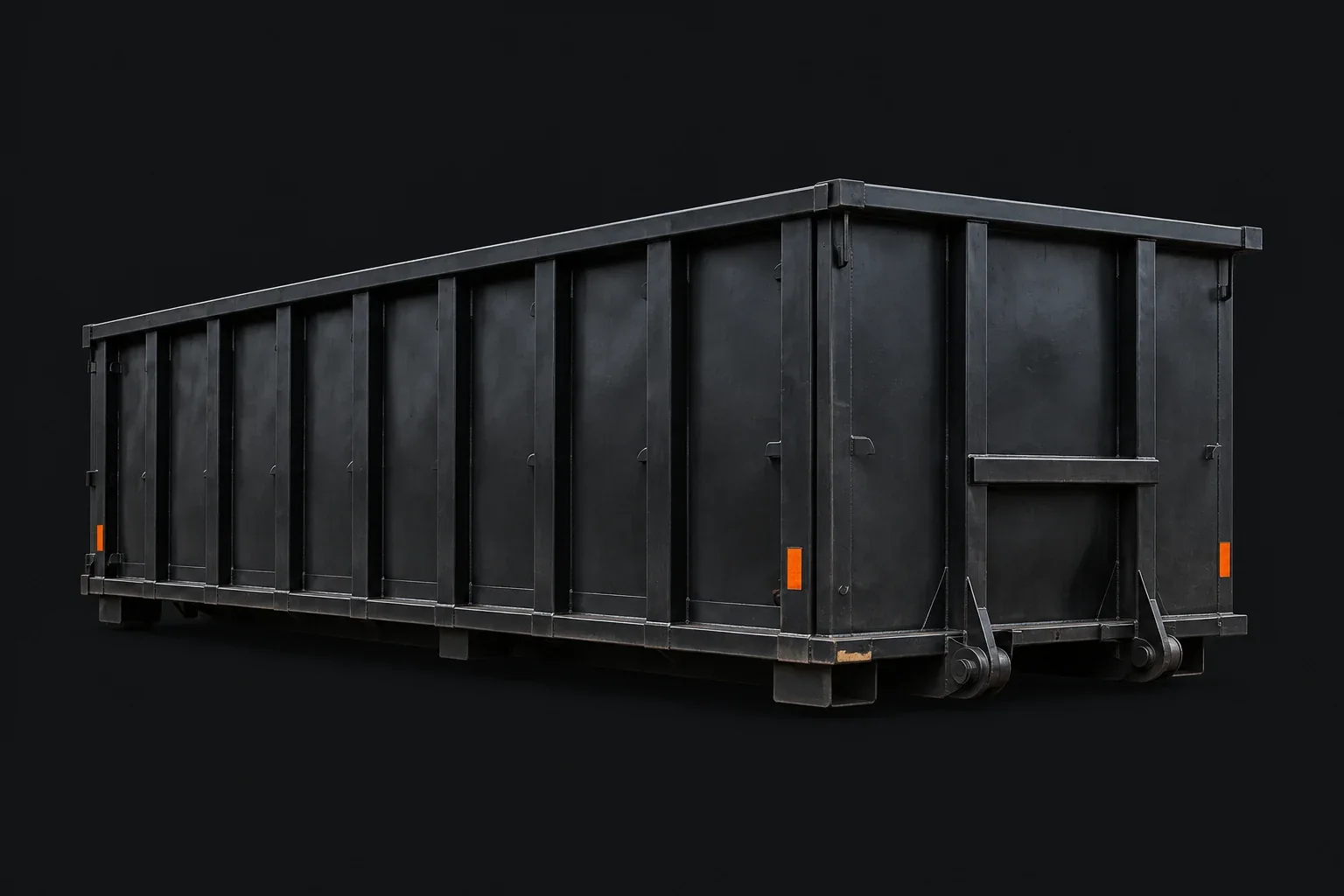 Illustrative charcoal roll-off container with mid-height side walls, shown at a three-quarter angle.