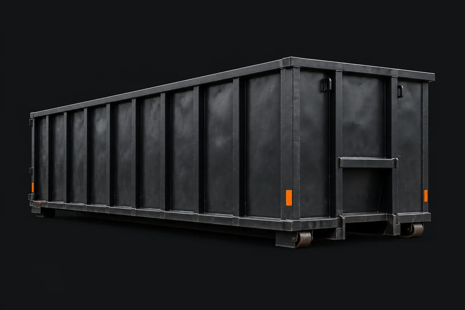 Illustrative charcoal roll-off container with tall side walls, shown at a three-quarter angle.