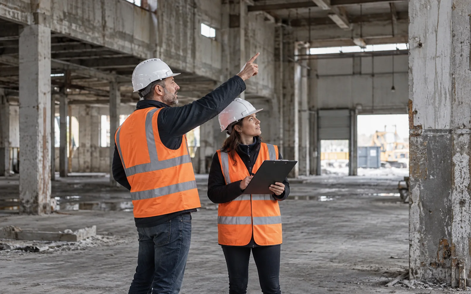 Two workers in hi-vis vests and hard hats looking over the interior of a stripped building, one pointing upward, one holding a clipboard.