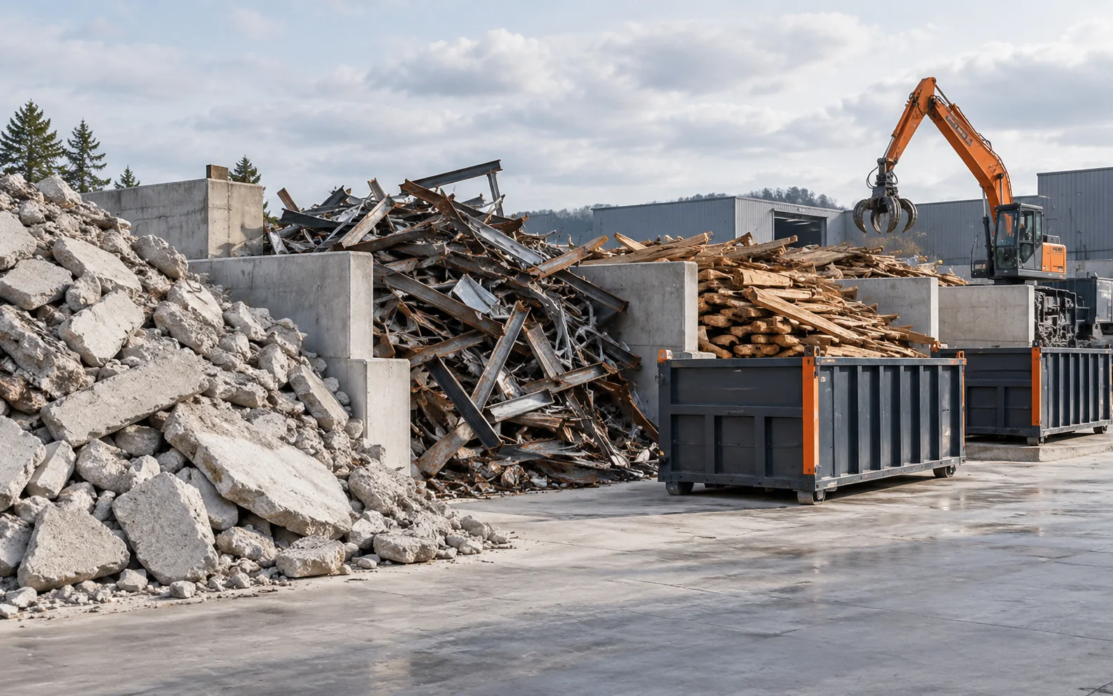 A sorting yard with separate bays of broken concrete, structural steel and timber, and roll-off containers alongside.