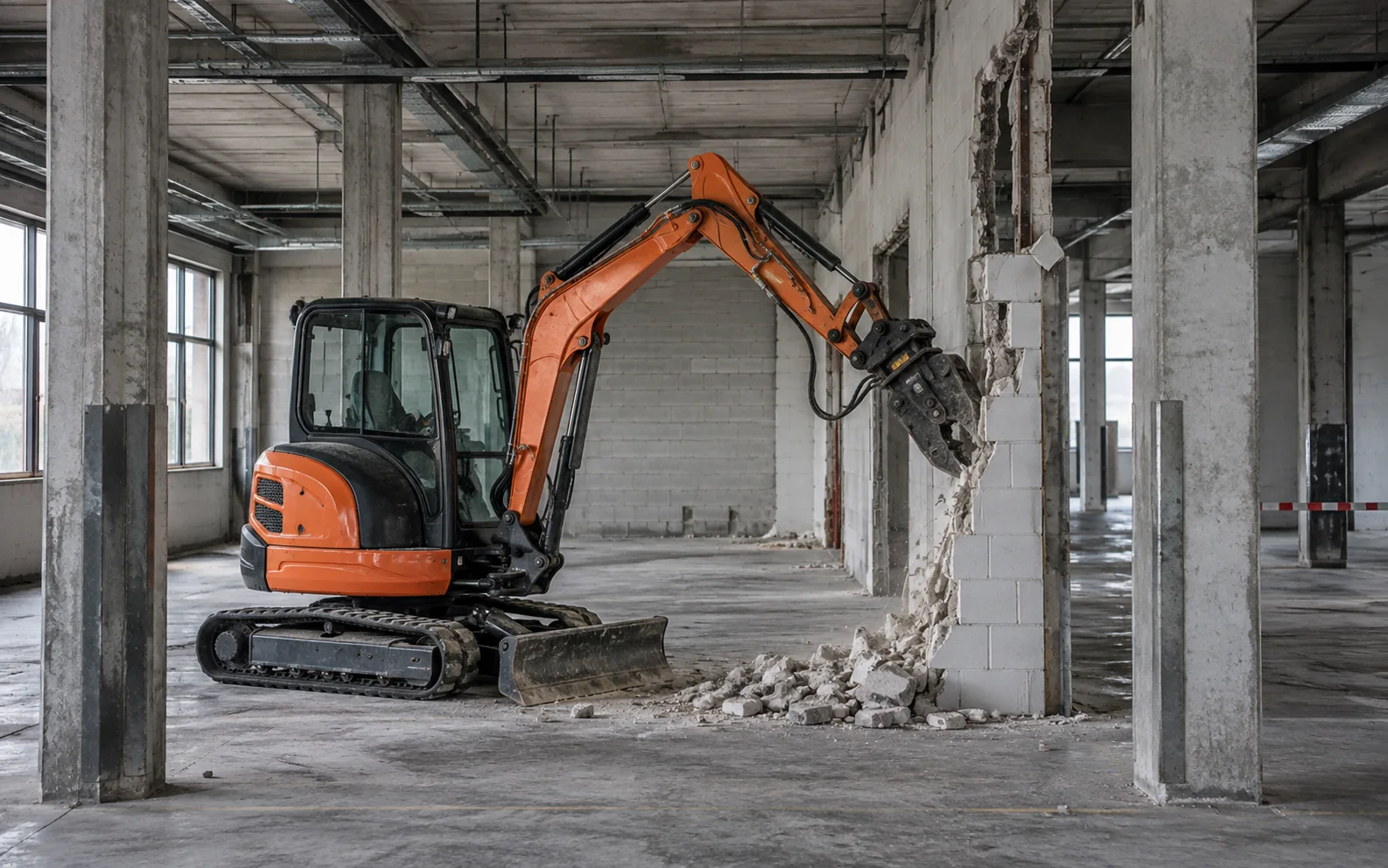 A compact excavator with a hydraulic attachment taking down a block infill wall inside a concrete-framed building, the frame around it left intact.