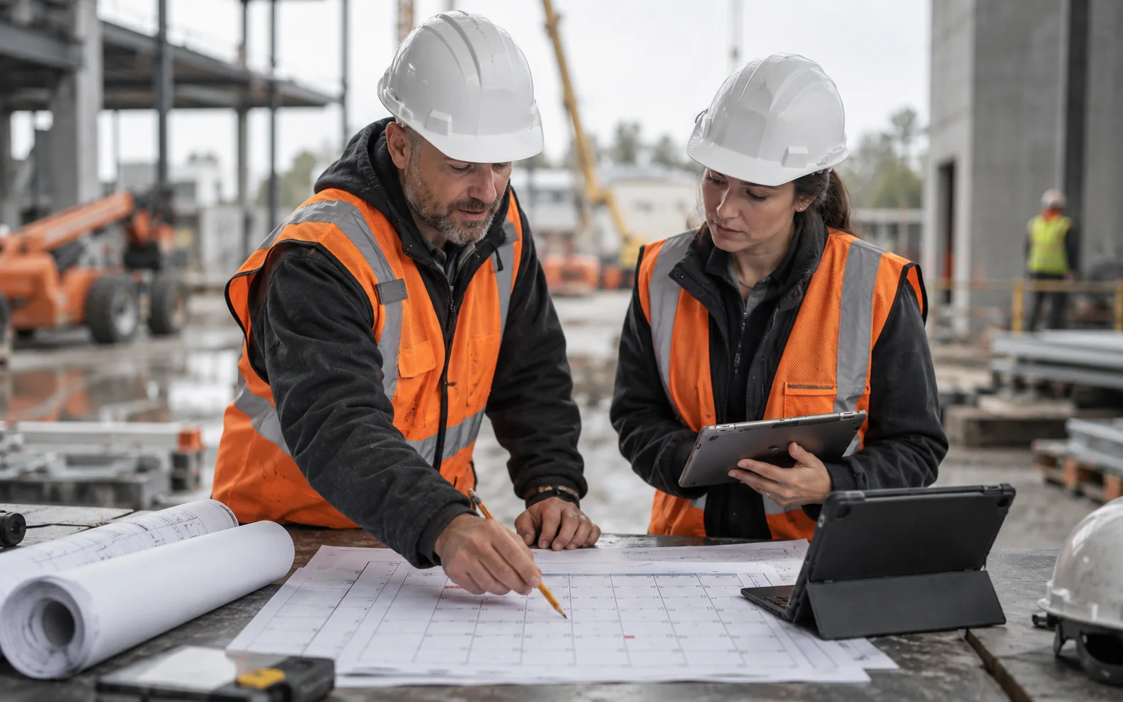 Two workers in hi-vis vests going over a printed schedule and drawings on a site table, a tablet open beside them.