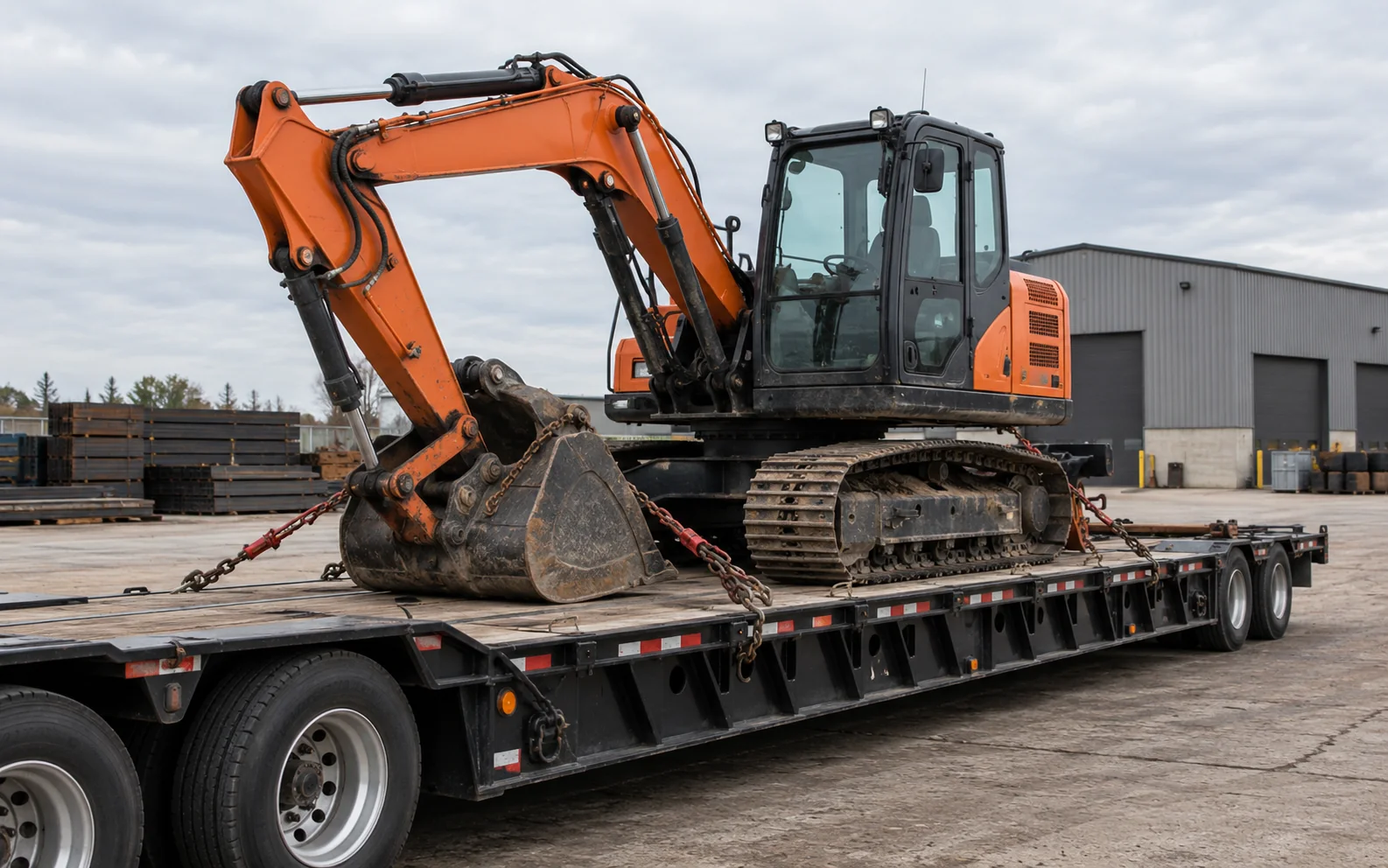 A tracked excavator chained down on a lowboy trailer, bucket resting on the deck.