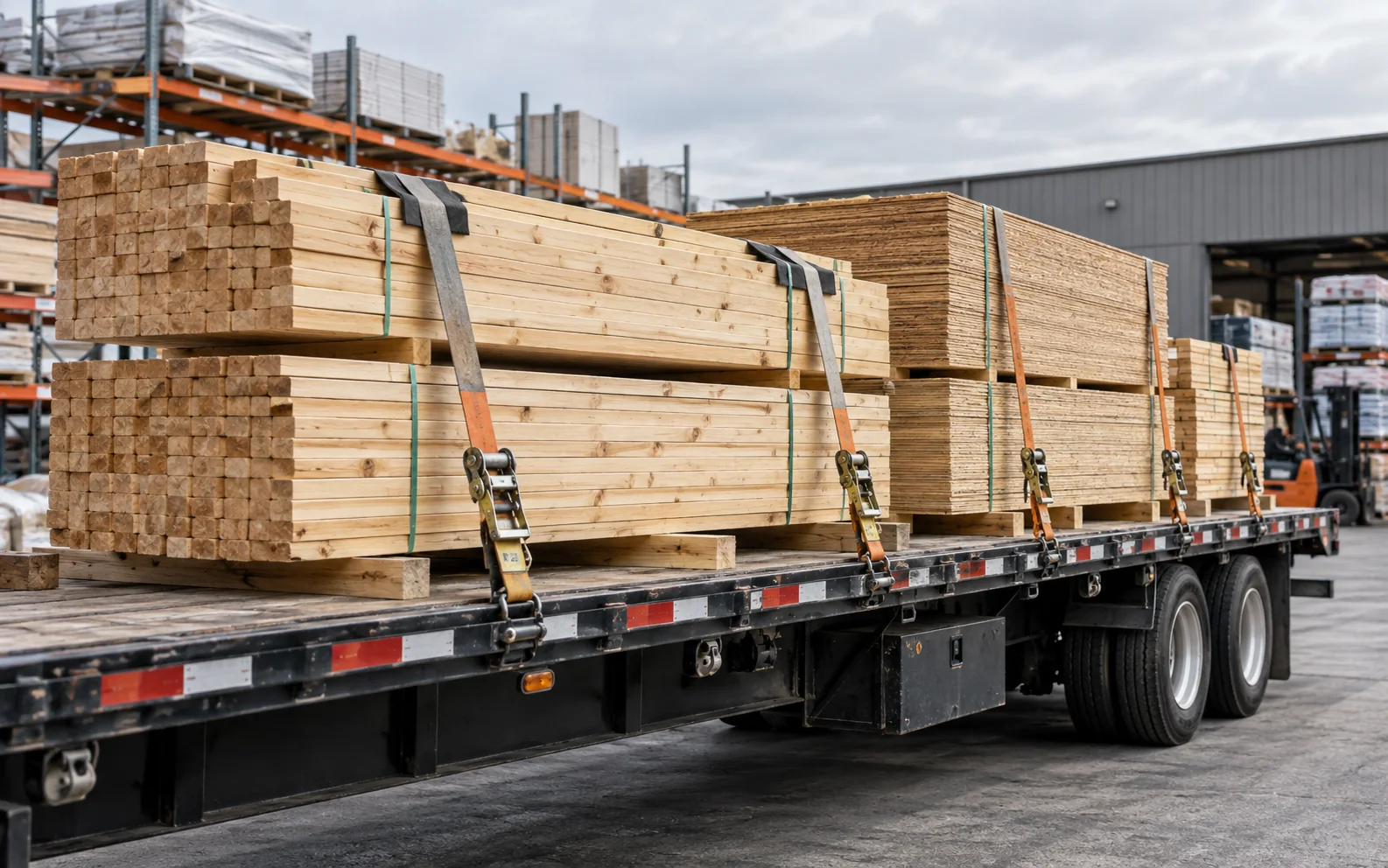 Banded framing lumber and sheet goods strapped across a flatbed deck at a building supply yard.