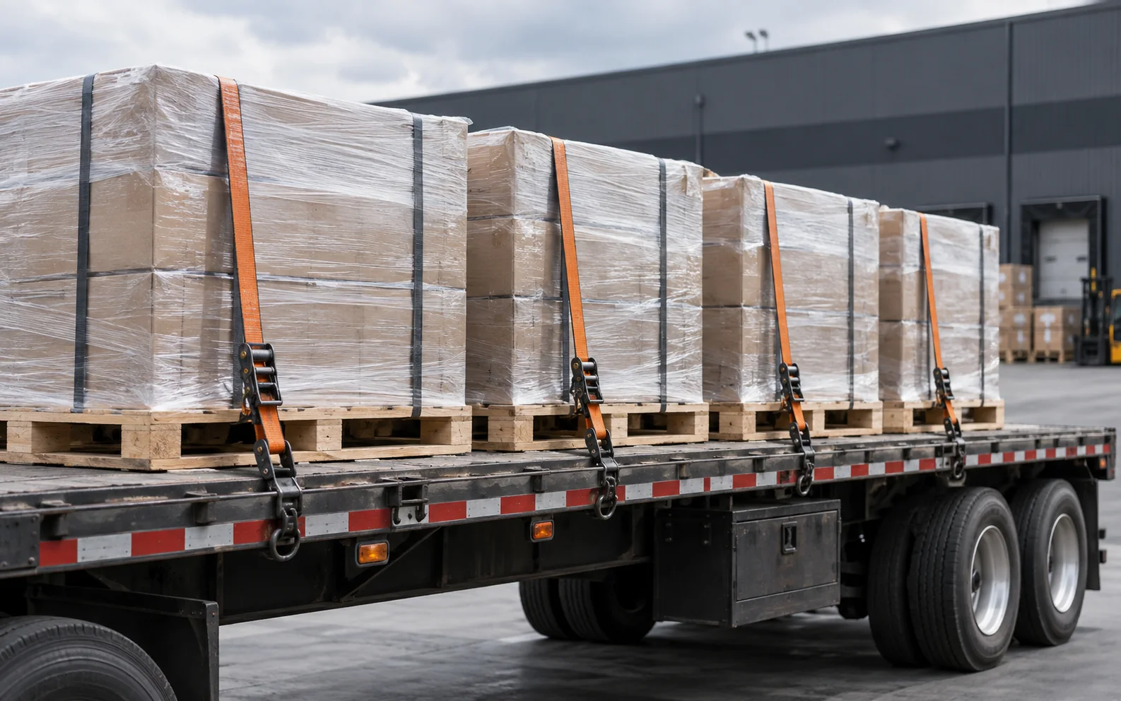 A row of shrink-wrapped pallets banded and ratchet-strapped along a flatbed deck.
