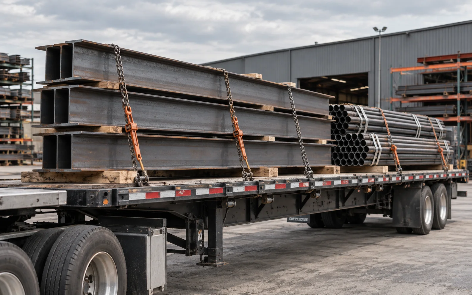 Steel I-beams and bundled pipe chained down on a flatbed trailer outside a steel yard.