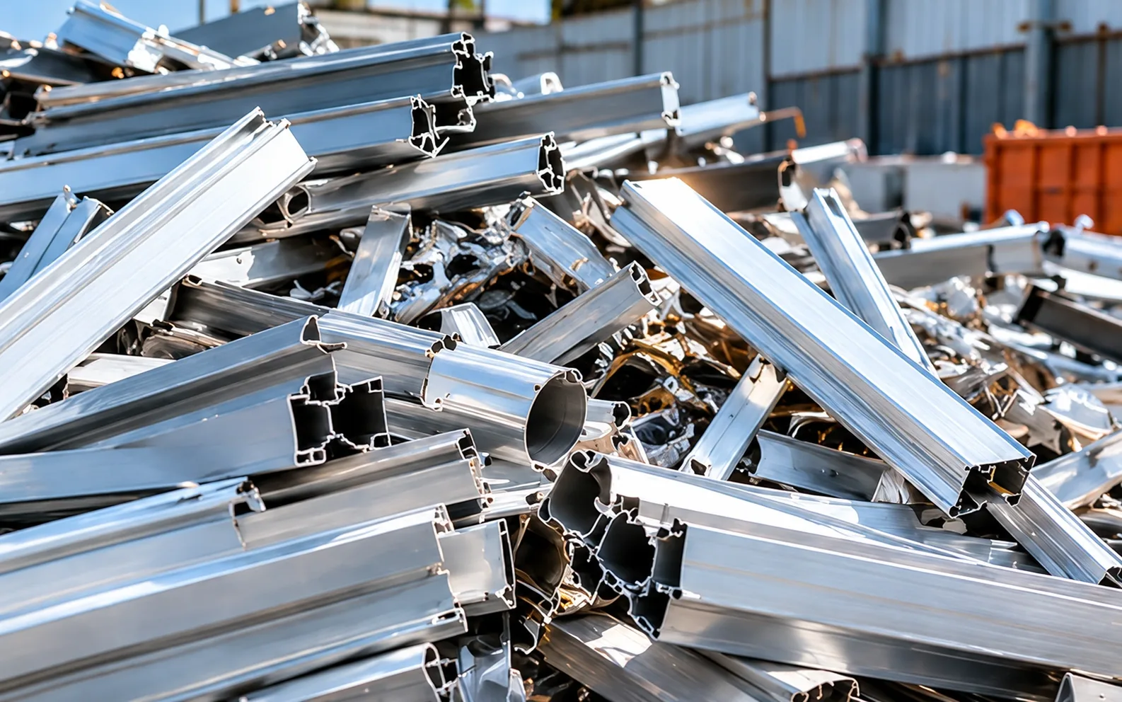 A pile of aluminum window extrusions and profile offcuts.