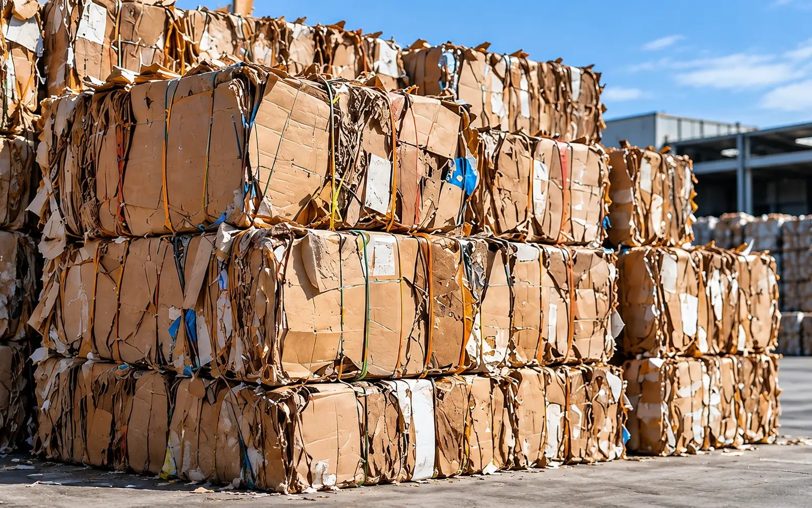 Baled and strapped cardboard stacked in rows at a recycling yard.