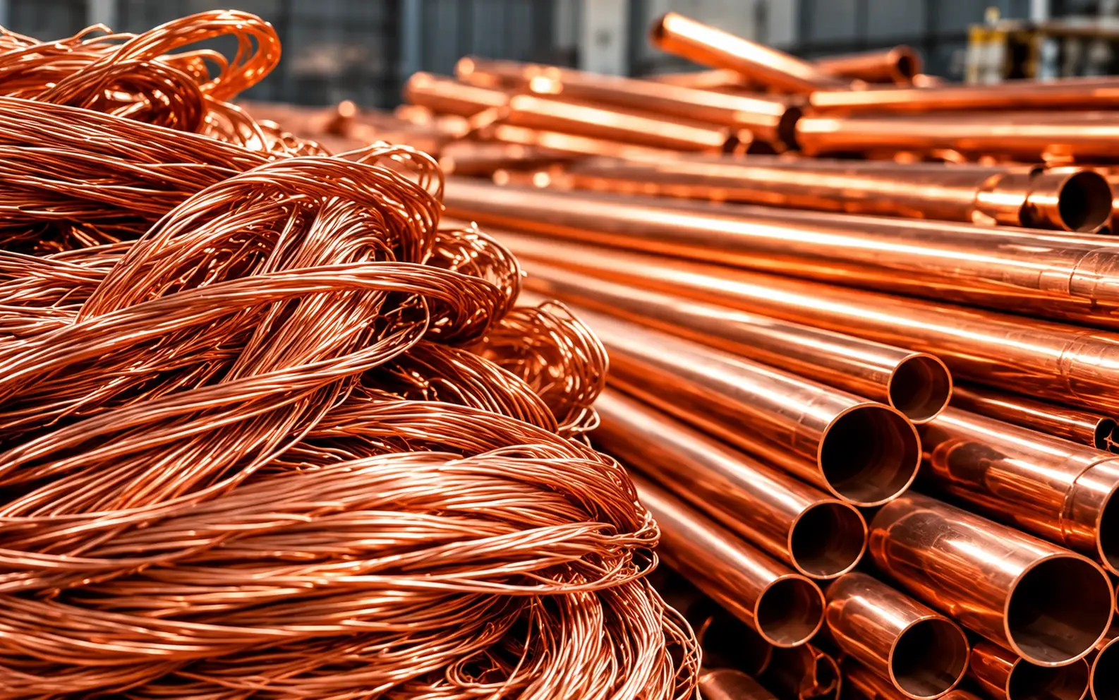 Coiled copper wire beside stacked lengths of copper pipe.