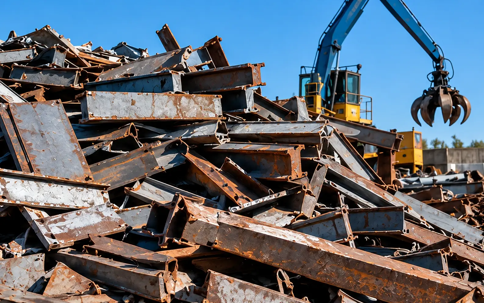 A pile of steel beams and structural offcuts, with a grapple crane working above it.