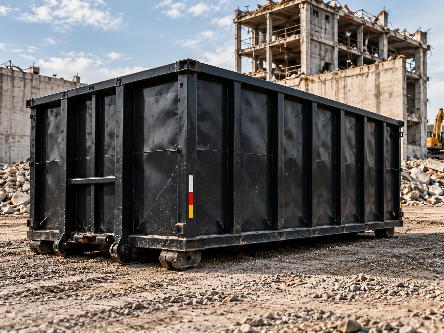 Charcoal ribbed steel roll-off container resting on levelled gravel at a construction site.