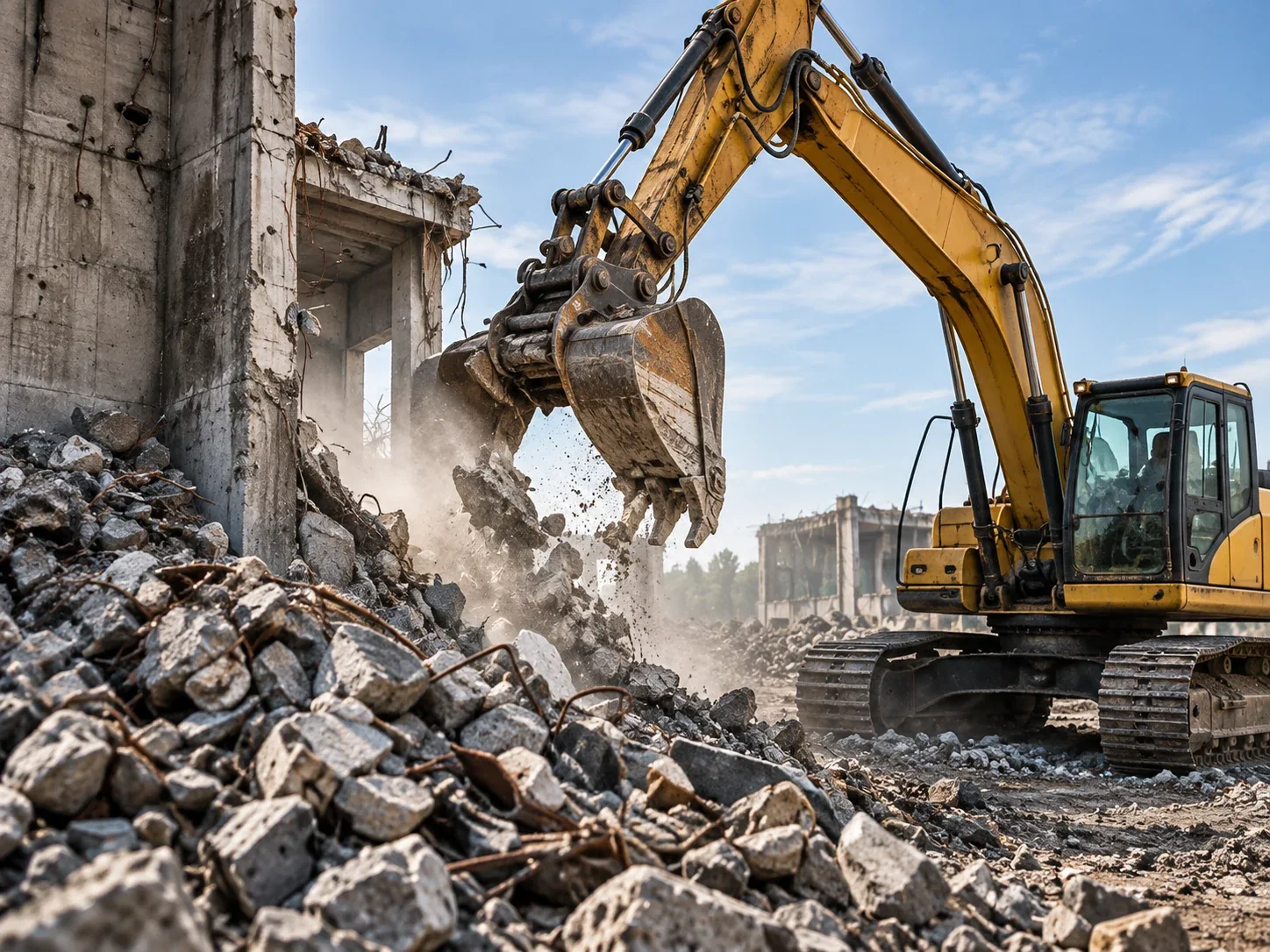 Excavator working through concrete rubble beside a partly demolished structure.