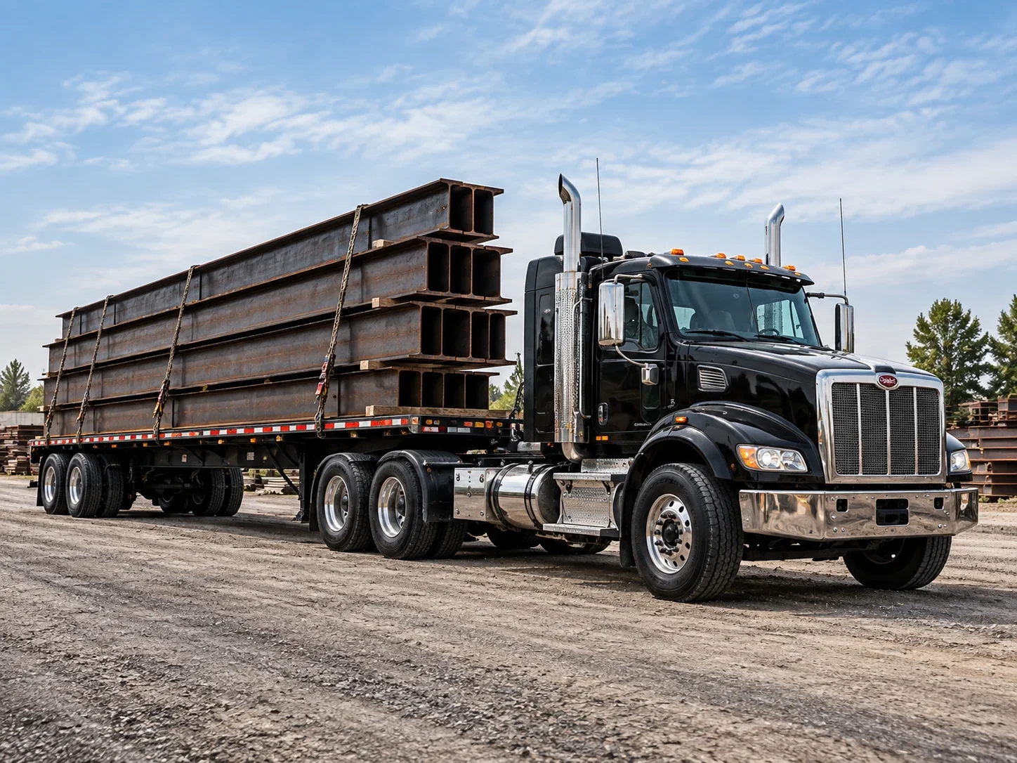 Flatbed trailer loaded with chained-down steel I-beams in an industrial yard.