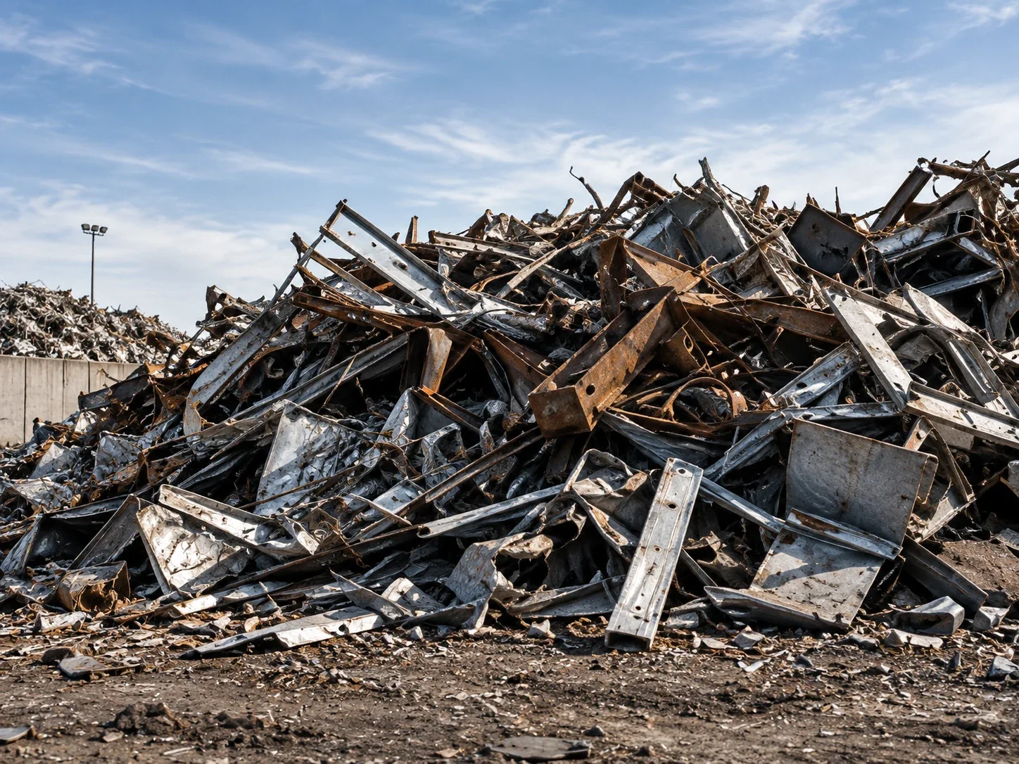 Sorted scrap steel, beams and sheet-metal offcuts stacked in a recycling yard.